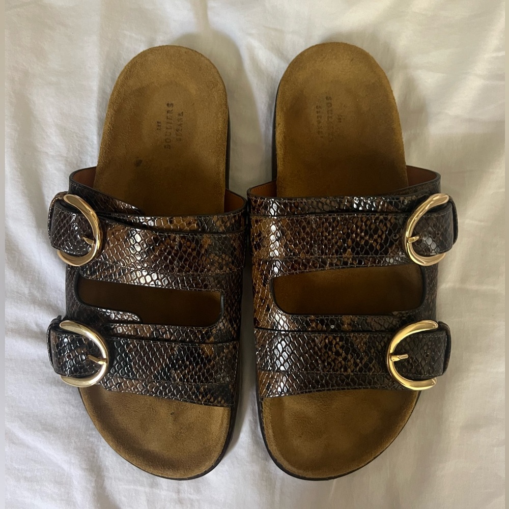 Sezane Lenny leather Mules Khaki Python Print Sz 10 EUC